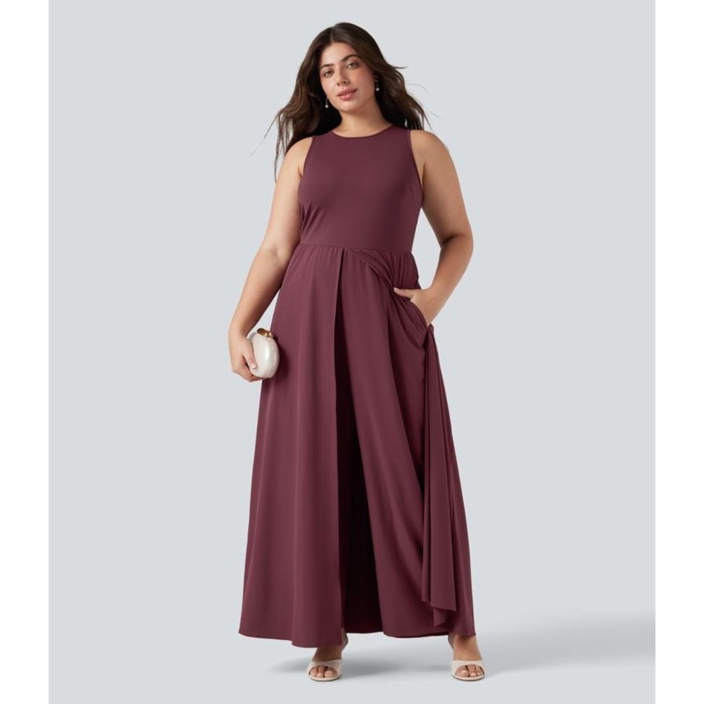 Halara Breezeful Sleeveless Quick Dry Overlay Jumpsuit with Pockets XL Burgundy - Picture 2 of 12